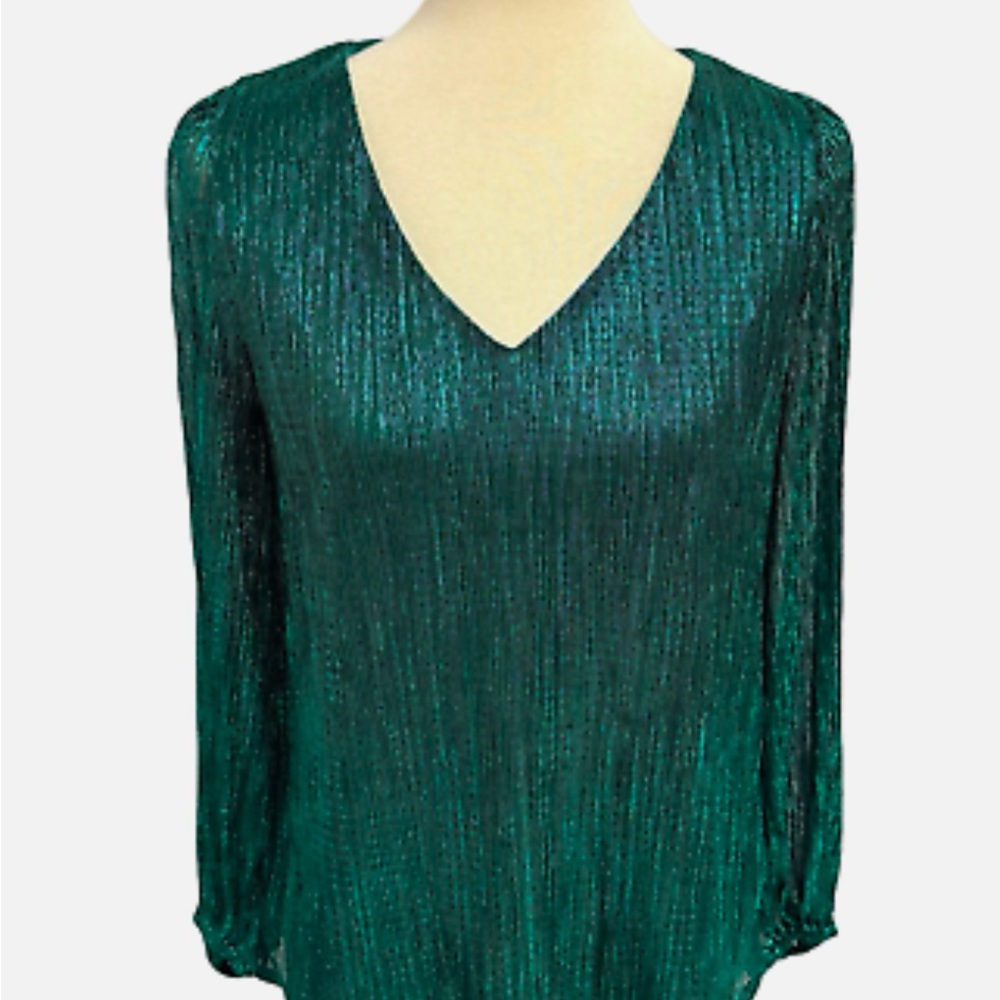 Nine West metallic green sheer sleeve blouse v neck